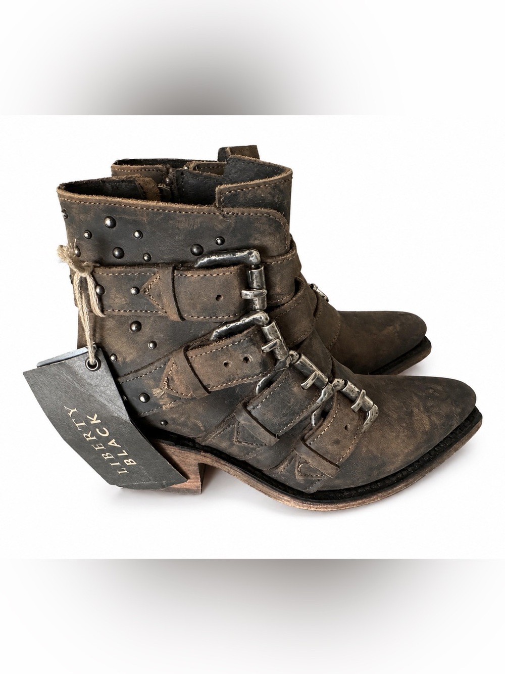 Liberty Black Amy Distressed Leather Studded Buckle Ankle Boots 5.5 BNWT Box